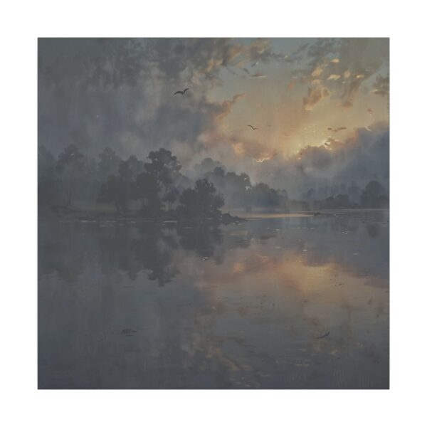 Calm lakeside scene with trees and clouds reflecting on the water during a tranquil sunrise or sunset