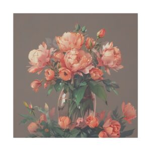 Bouquet of peonies and tulips in a vase with soft lighting