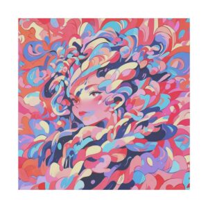 Vibrant abstract portrait of a woman surrounded by swirling patterns on a Giclée Print Canvas.