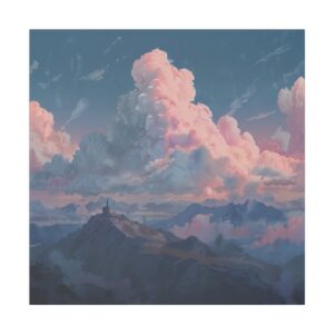 Mountaintop with expansive clouds and soft pink hues in the sky