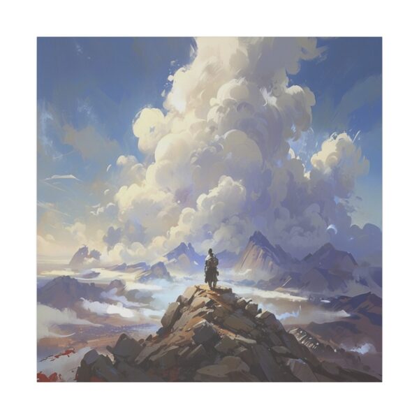 Person standing on a mountaintop with expansive clouds and distant mountains