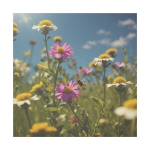 close-up of wildflowers in a field with a bee under a clear sky