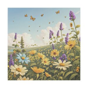 vibrant field of wildflowers with butterflies under a clear blue sky