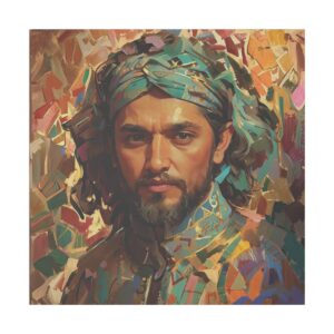 Portrait of a man with a turban and intricate background inspired by Islamic art on a Giclée Print Canvas.