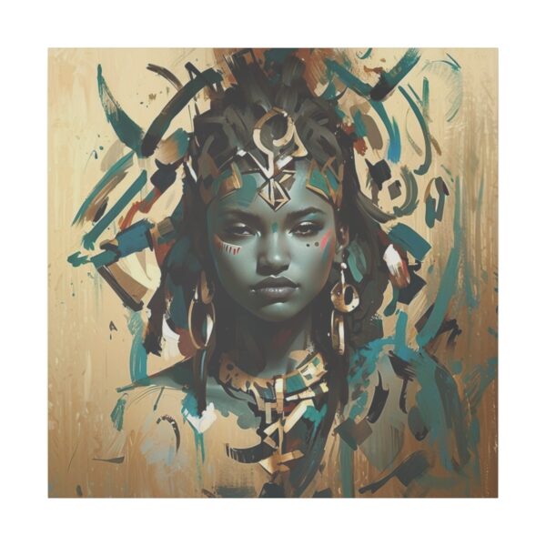 Tribal-inspired artwork of a woman with intricate jewelry and face markings on a Giclée Print Canvas.