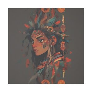 Tribal-inspired artwork of a woman with feathered headdress and traditional adornments on a Giclée Print Canvas.