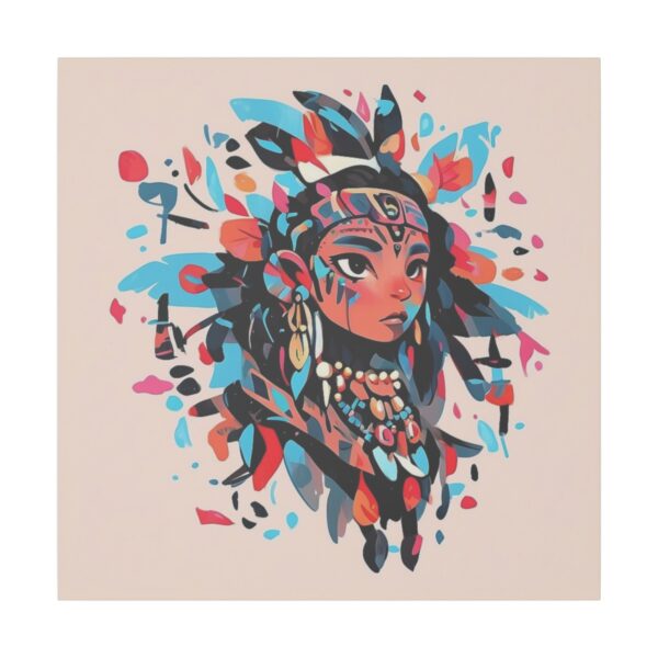 Tribal-inspired artwork of a woman adorned with feathers and traditional jewelry on a Giclée Print Canvas.