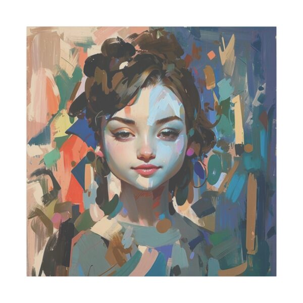 Whimsical portrait of a young woman surrounded by abstract, colorful brushstrokes on a Giclée Print Canvas.