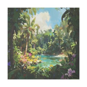 Tropical garden with lush greenery and flowers surrounding a serene blue pond on a Giclée Print Canvas.