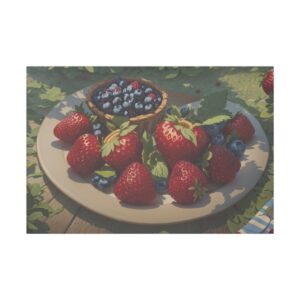 Plate of fresh strawberries and blueberries on a wooden table