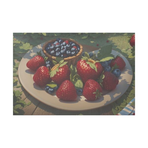 Plate of fresh strawberries and blueberries on a wooden table