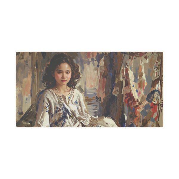 Pictorial art of a woman in a detailed, textured setting on a Giclée Print Canvas.