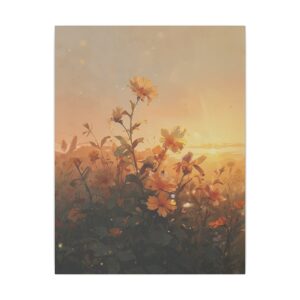 Sunlit wildflowers in a field at sunset with warm golden hues