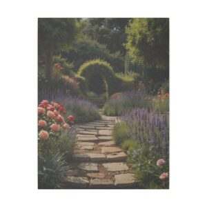 Stone path leading through a lush English garden with blooming flowers and a green archway