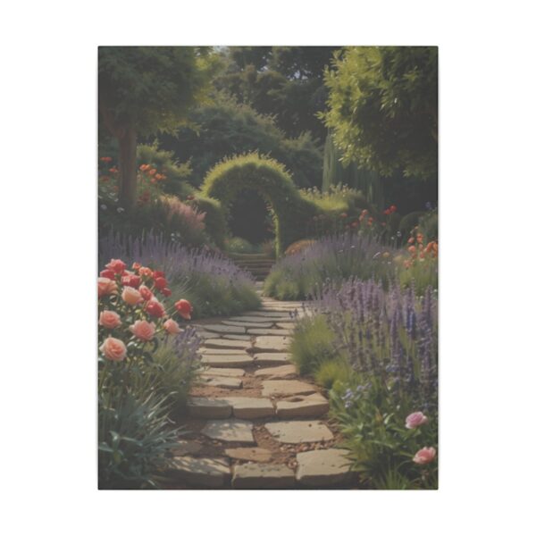 Stone path leading through a lush English garden with blooming flowers and a green archway