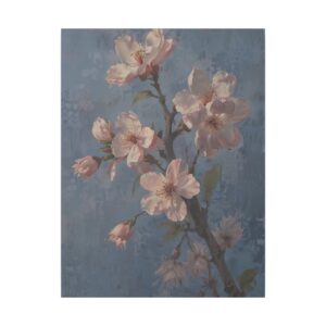 elegant cherry blossom branch with soft pink flowers against a textured blue background