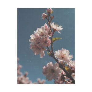 close-up of cherry blossom branch with soft pink flowers against a clear blue sky