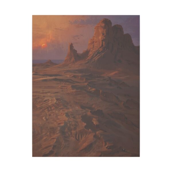 dramatic desert landscape with towering rock formations at sunset