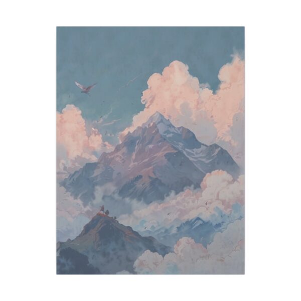 towering mountain peaks surrounded by clouds with an eagle soaring above