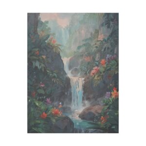 cascading waterfall flowing through a lush, colorful tropical forest