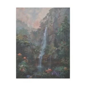 tall waterfall cascading down rocky cliffs into a lush, colorful forest