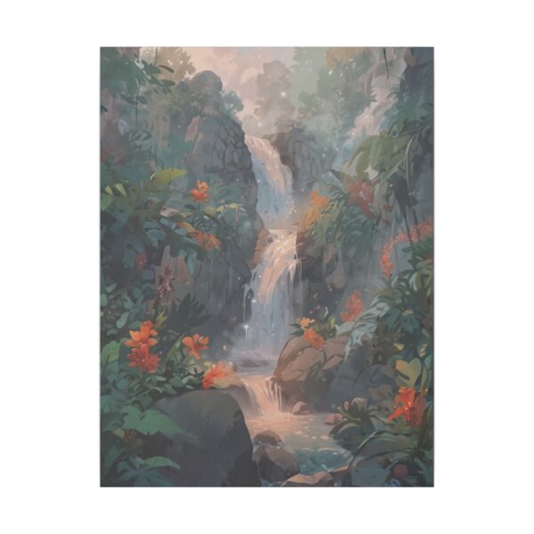 peaceful waterfall flowing through a lush, vibrant forest with colorful flowers