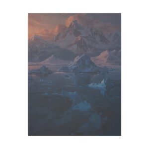 Arctic landscape with icebergs and snow-covered mountains at sunset