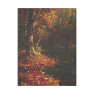 peaceful autumn scene with fallen leaves by a calm river