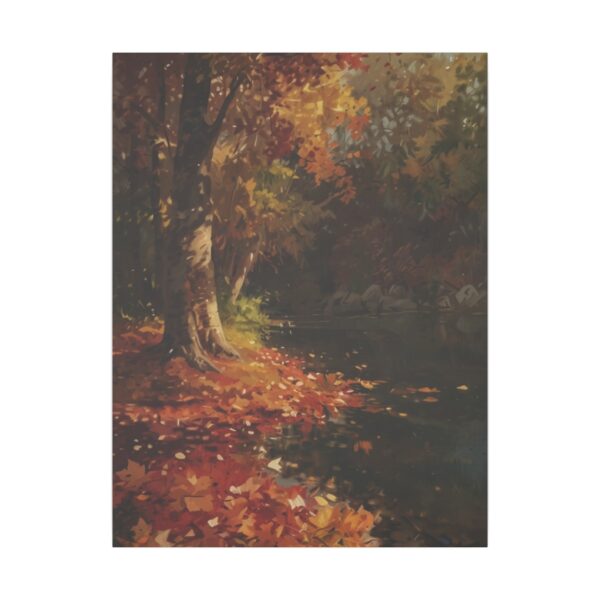 peaceful autumn scene with fallen leaves by a calm river