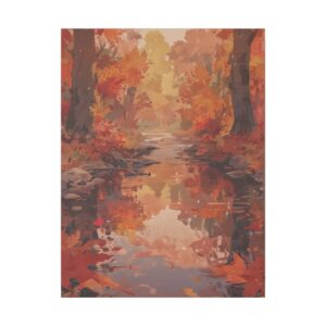 tranquil autumnal scene with a reflective stream surrounded by colorful fall foliage