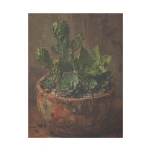 rustic pot filled with green succulents against a neutral background