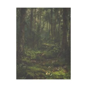 Dense forest floor with rich greenery and soft light filtering through the tall trees