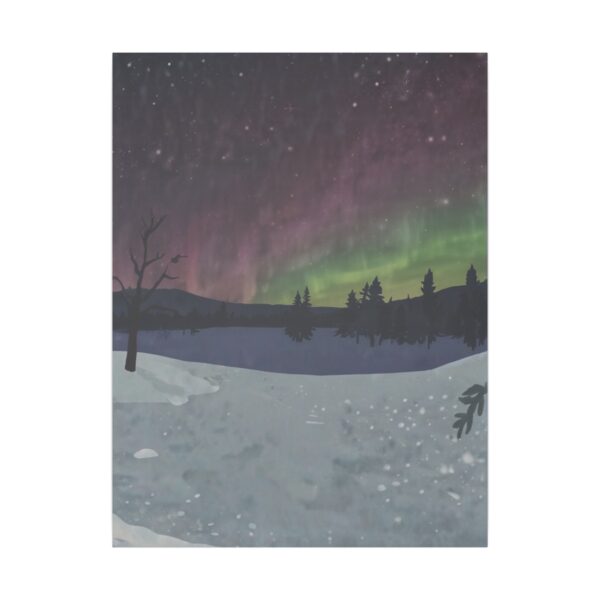 Northern Lights with green and purple hues over a snowy landscape at night