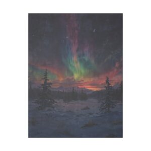 Northern Lights with vibrant colors over a snowy forest at night