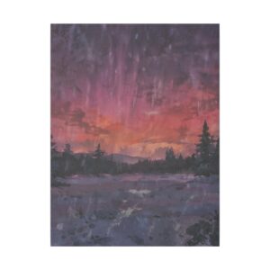 Northern Lights in pink and purple hues over a snowy landscape at dusk