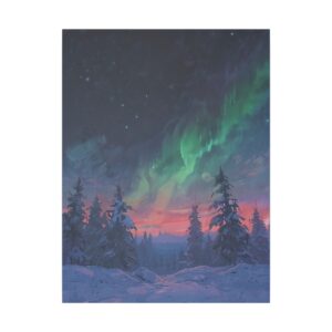 northern lights illuminating a snowy forest at dusk