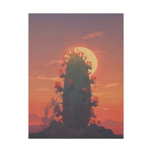 Large cactus with blooming flowers silhouetted against a vibrant desert sunset with the sun low on the horizon