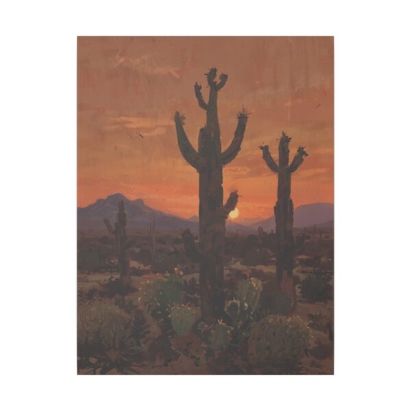 Three cacti standing tall in a desert landscape during sunset with mountains in the background