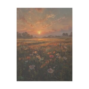 Field of wildflowers at sunset with a golden sky and soft clouds