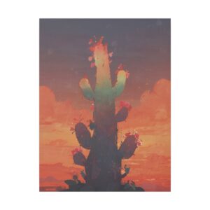 Tall cactus silhouetted against a vibrant desert sunset with warm orange and red hues