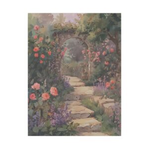 Stone path through a dreamy English garden with colorful flowers and an archway covered in vines