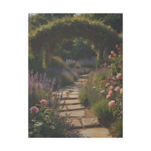 Stone pathway leading through a lush English garden with flowering plants and an arch covered in greenery