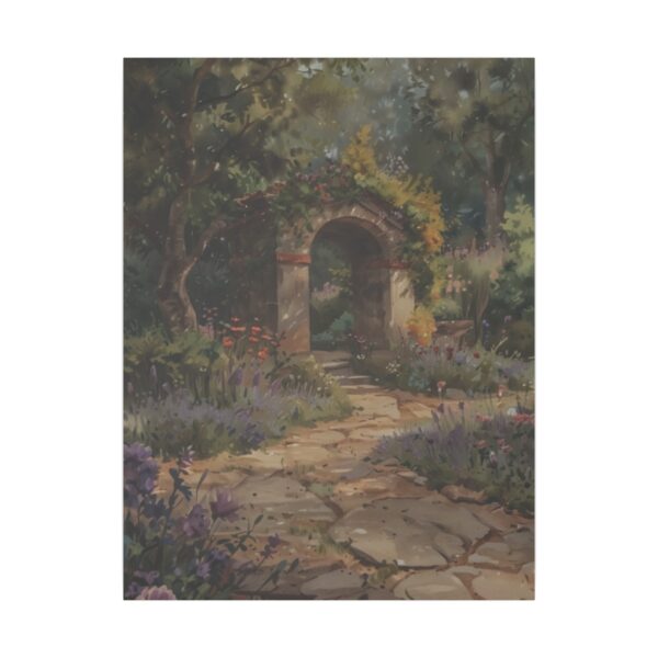 Stone pathway leading through a lush English garden with blooming flowers and an archway surrounded by greenery