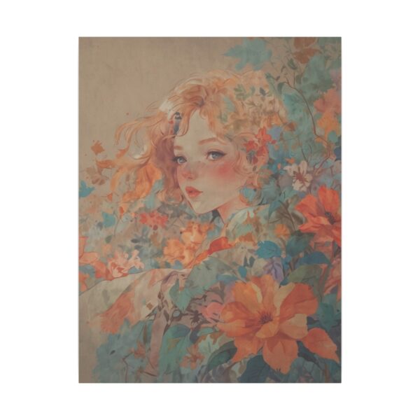 Pictorial art of a woman surrounded by vibrant flowers on a Giclée Print Canvas.