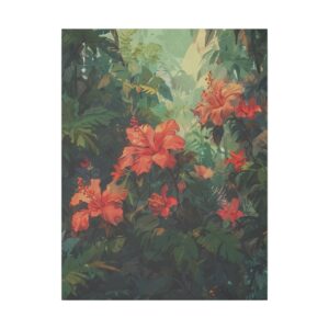 Lush tropical foliage with vibrant red and pink hibiscus flowers in a dense jungle setting