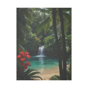 Tropical paradise with waterfall cascading into a turquoise lagoon surrounded by lush green foliage and vibrant red flowers