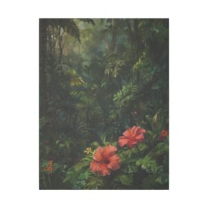 Two red hibiscus flowers amidst dense tropical foliage in a lush jungle