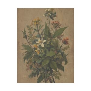 Detailed botanical illustration of various wildflowers and green foliage on a vintage background