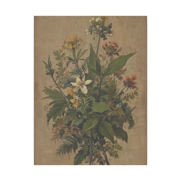 Detailed botanical illustration of various wildflowers and green foliage on a vintage background