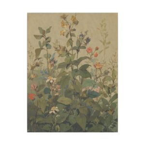 Delicate botanical illustration featuring various wildflowers and green foliage